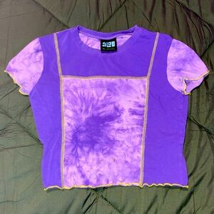 purple and yellow tie dye crop top with contrast stitching